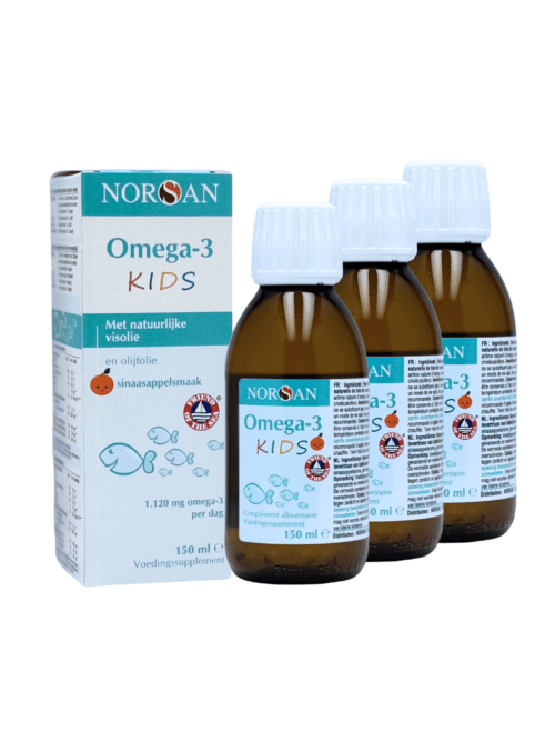Omega-3 Kids Olie 3er Pakket - set van drie flessen visolie voor kinderen, rijk aan EPA en DHA, voor ondersteuning van hersenontwikkeling en gezichtsvermogen.